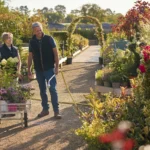 Garden centre staff walking through an outdoor plant nursery with flowers, shrubs and a trolley during a busy working day.
